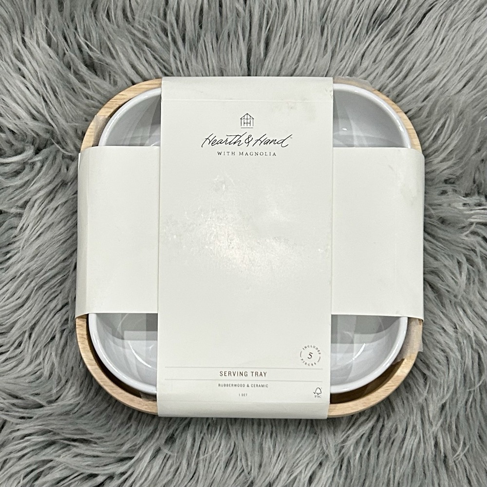 Hearth & Hand With‎ Magnolia Rubberwood & Ceramic 5pc Serving Tray Set